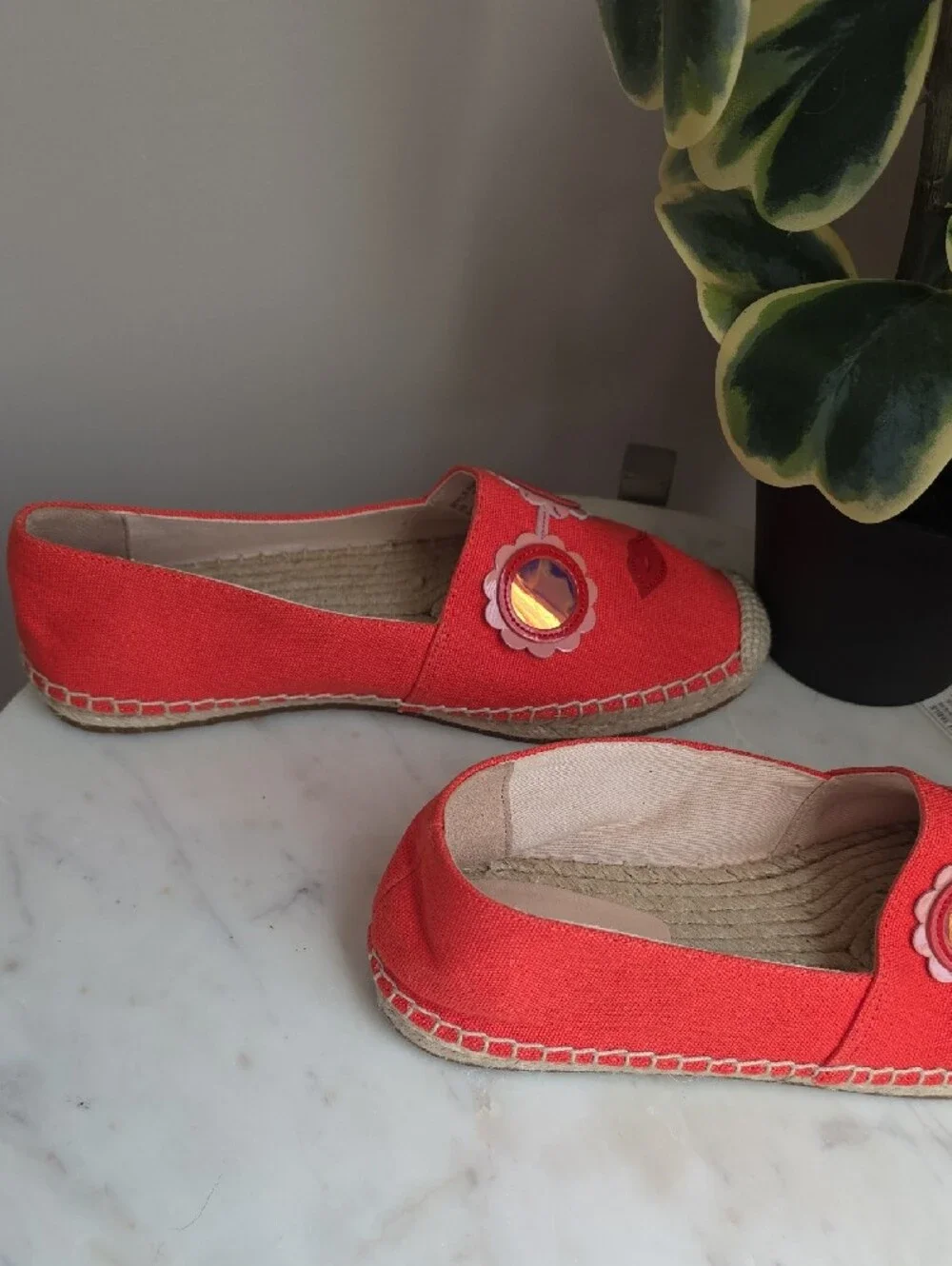 kate spade Red Canvas Espadrilles with Floral Mirror Accents